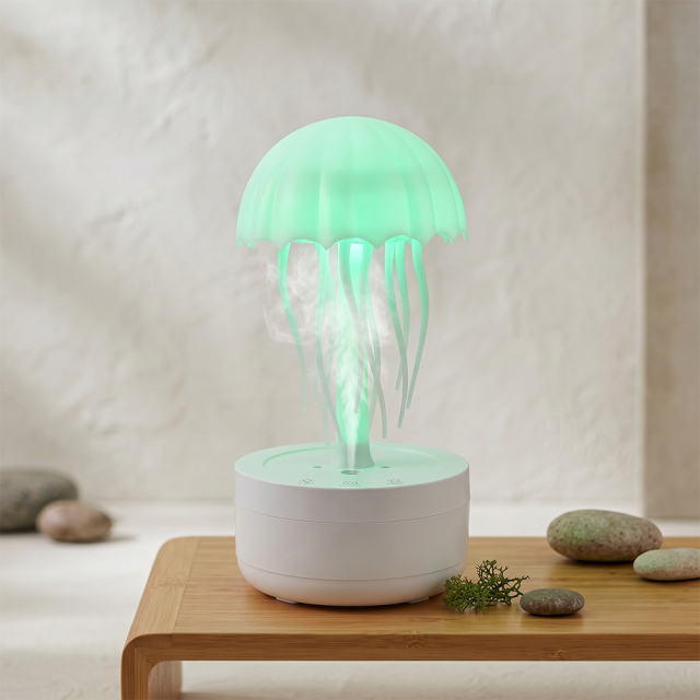 A jellyfish-shaped aroma diffuser glowing with a soft green LED light while emitting mist on a wooden riser next to small river stones.