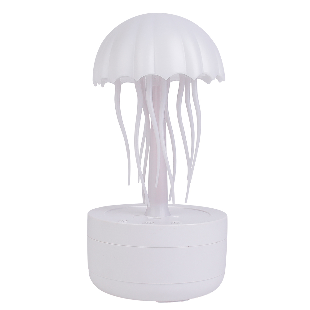 Front studio photograph of a white jellyfish-shaped desktop humidifier with tentacles and a round cylinder base.