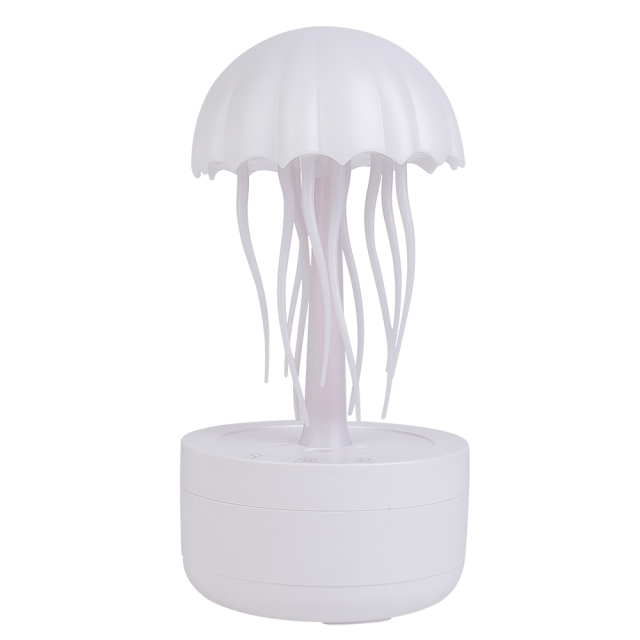 Front studio photograph of a white jellyfish-shaped desktop humidifier with tentacles and a round cylinder base.
