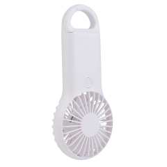An inverted angled studio view of the white mini travel fan showcasing the smooth finish of the handle back and hook base.