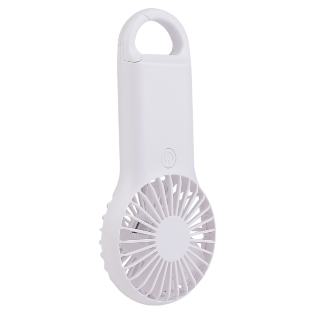 An inverted angled studio view of the white mini travel fan showcasing the smooth finish of the handle back and hook base.