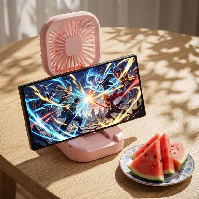 A pink desktop fan holding a smartphone horizontally in its base groove to play a video on a table next to a plate of sliced watermelon.