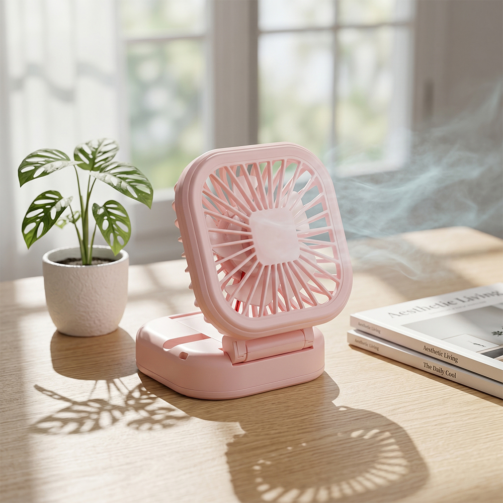 A pink compact desktop fan blowing air on a sunlit wooden table next to a small green potted plant and a notebook.