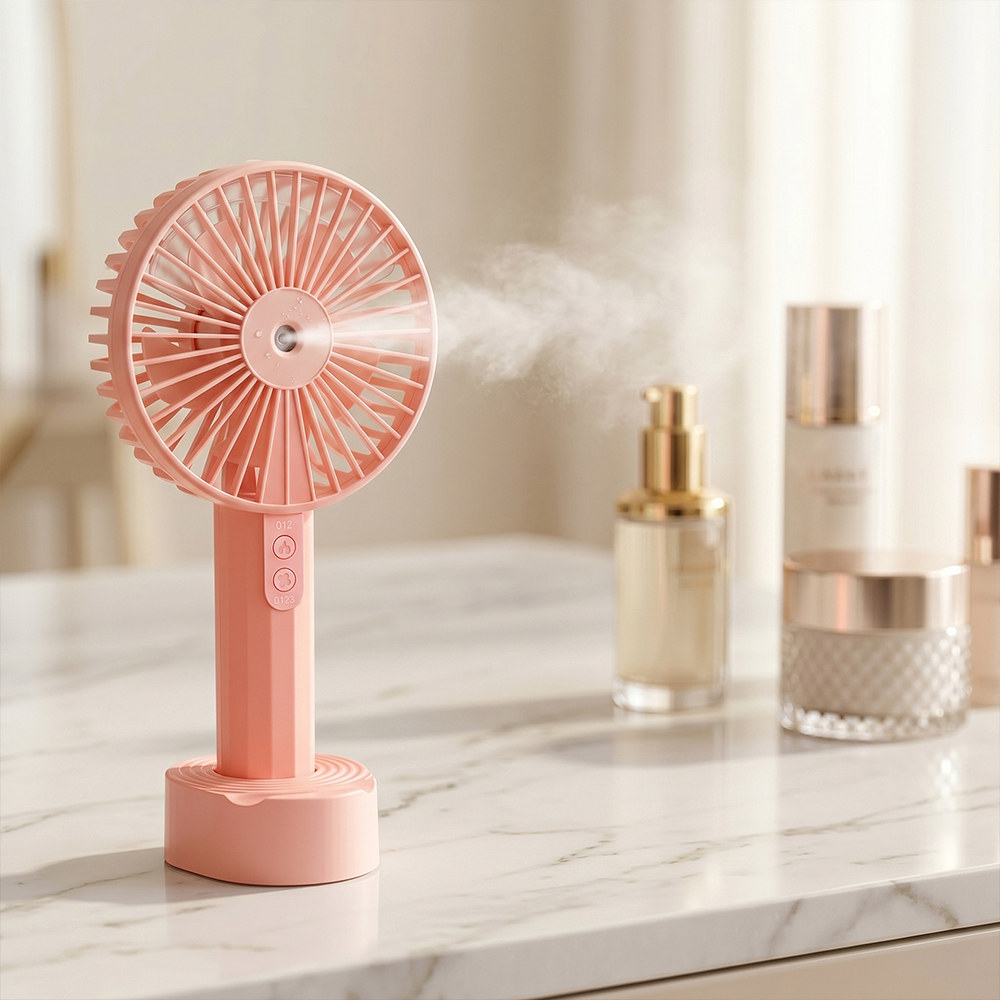 A pink handheld misting fan standing in its desk base on a marble countertop, spraying a fine water mist next to luxury skincare cosmetic bottles in a softly lit room.