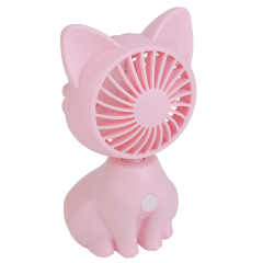 Three-quarter angled front studio view of the pink novelty cat-shaped desktop fan.