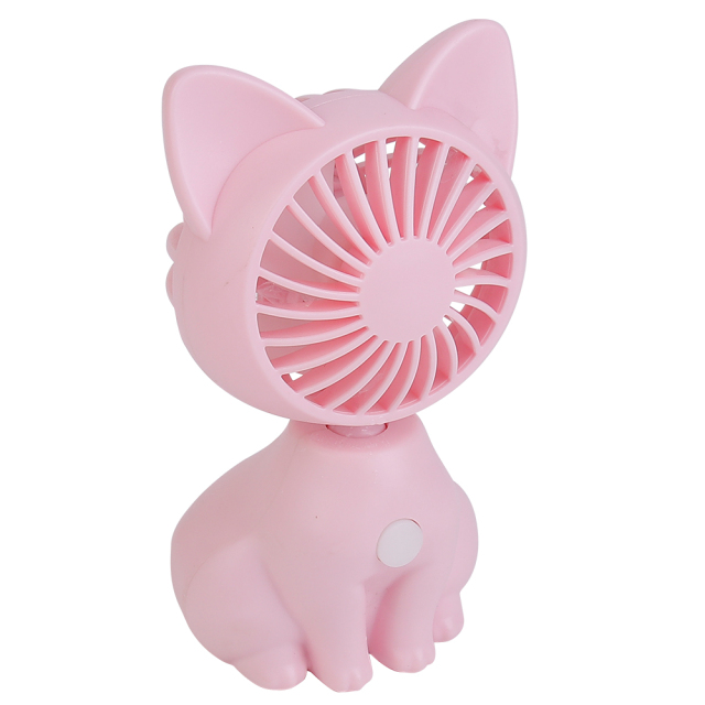 Three-quarter angled front studio view of the pink novelty cat-shaped desktop fan.