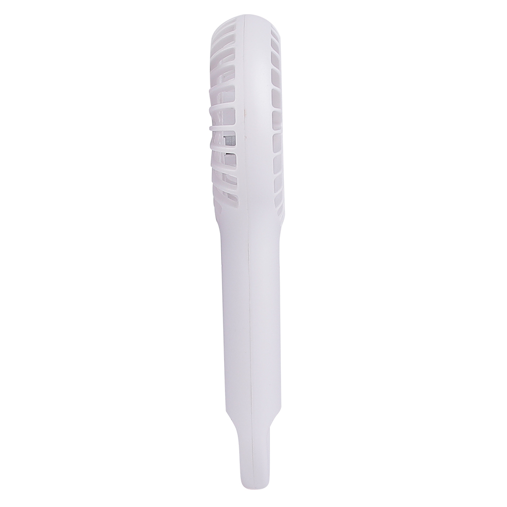 A clean vertical side view of the compact white handheld fan illustrating its ultra-thin lightweight profile.