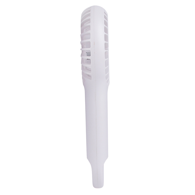 A clean vertical side view of the compact white handheld fan illustrating its ultra-thin lightweight profile.
