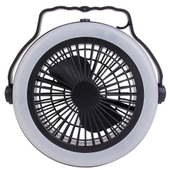 Front studio photograph of a circular black camping fan with an integrated white LED ring light and collapsed handle.