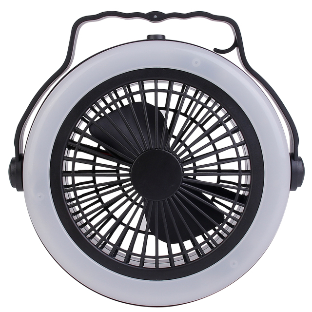 Front studio photograph of a circular black camping fan with an integrated white LED ring light and collapsed handle.