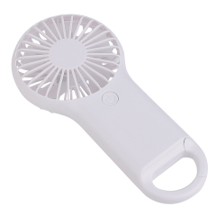 An angled studio view of the white portable carabiner fan showing its slim handle and circular front grill layout.