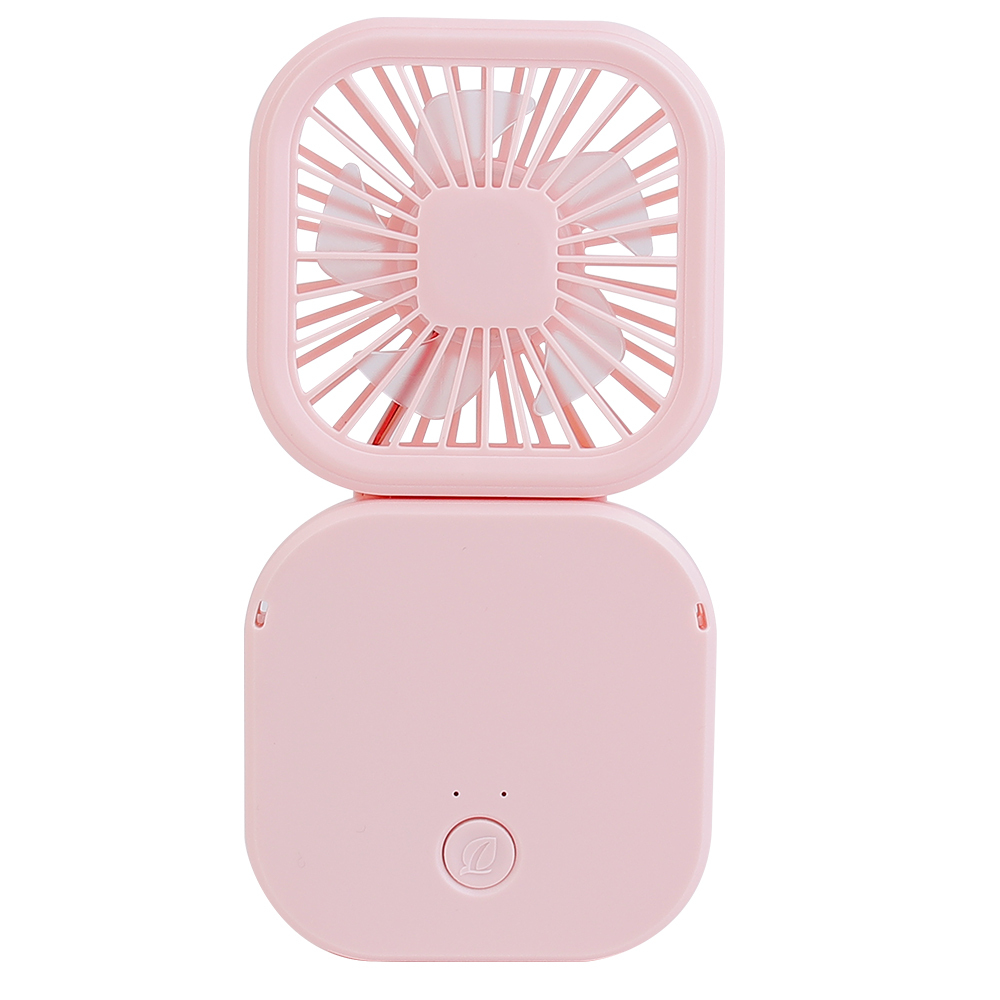 Rear studio view of the pink portable desktop fan showing the power button and back structure in an extended position.