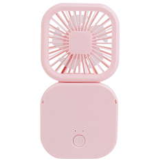 Rear studio view of the pink portable desktop fan showing the power button and back structure in an extended position.