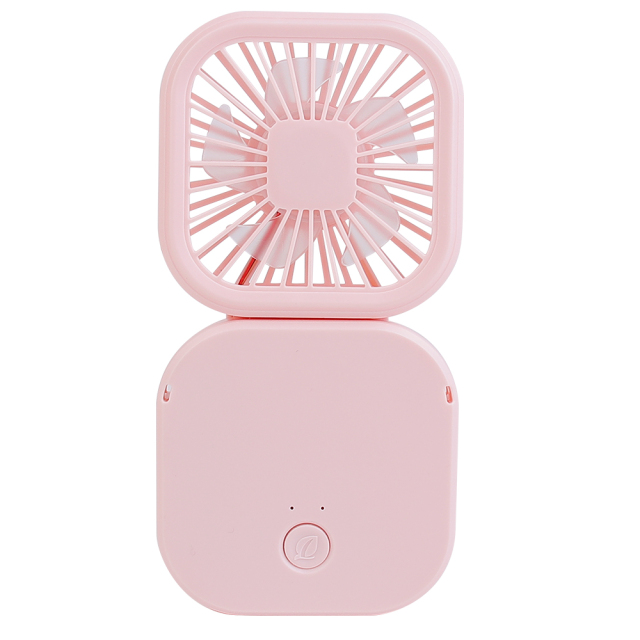 Rear studio view of the pink portable desktop fan showing the power button and back structure in an extended position.