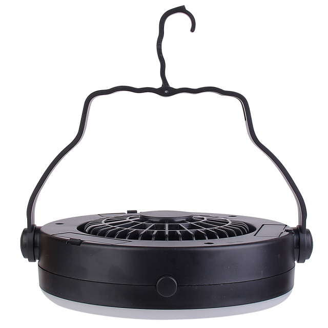 Studio photograph of the black circular fan lying flat with its extended hanging hook bracket pointing upwards.