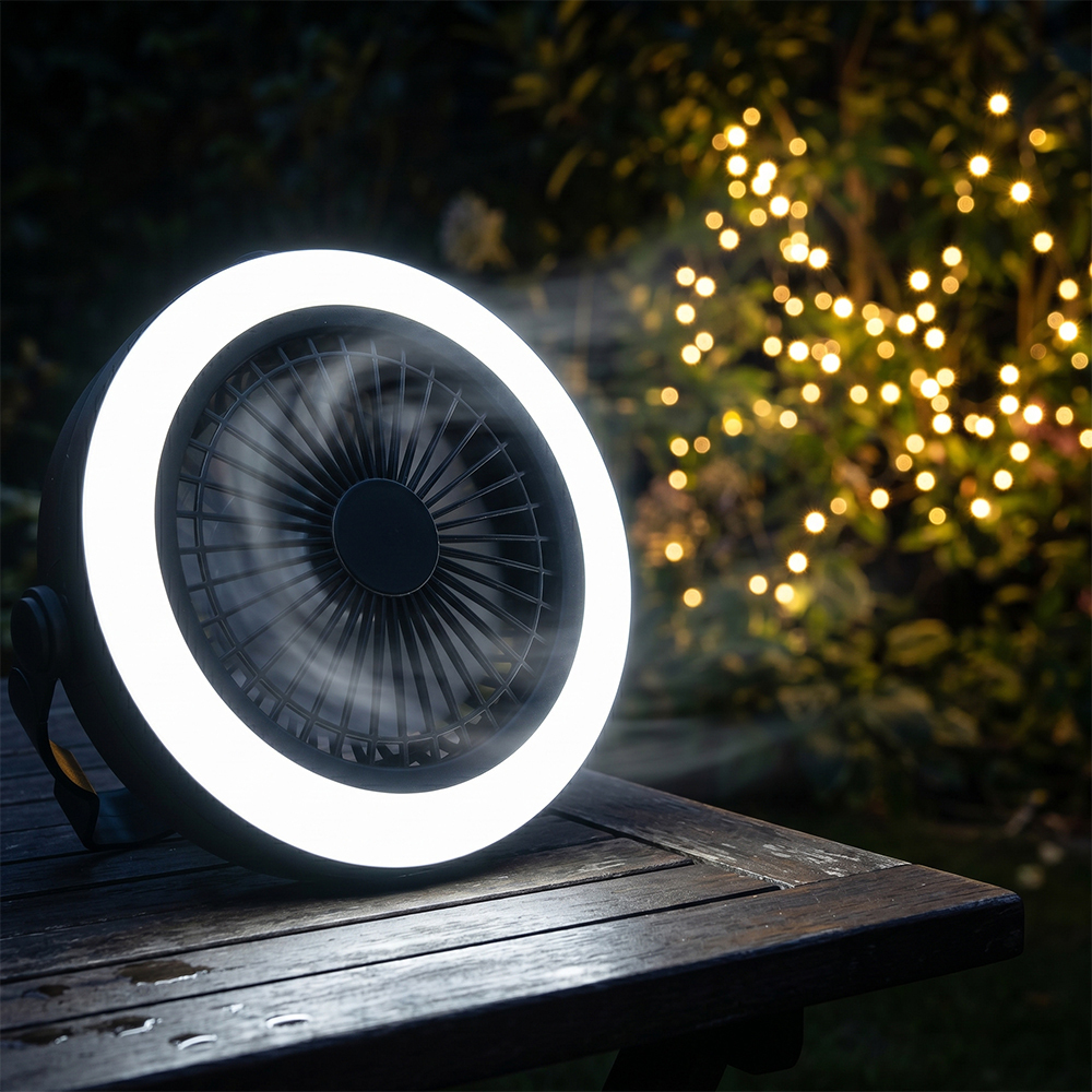 The circular outdoor fan operating on a wooden table at night with its bright white LED ring lit up against a blurred background of warm fairy lights.