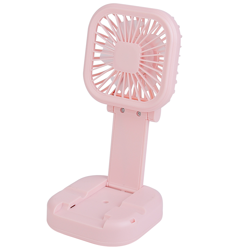 Front three-quarter angled studio photograph of the fully extended pink rechargeable desk fan.
