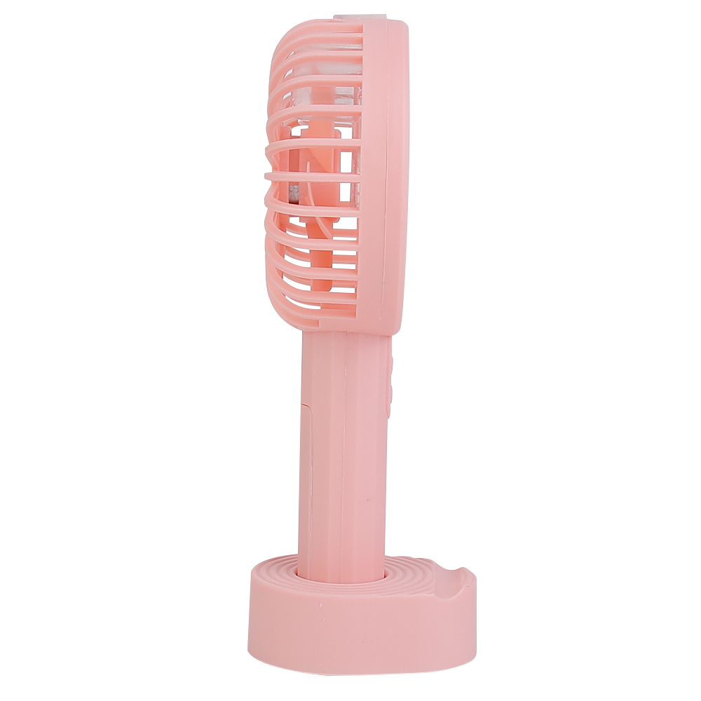 Clean side studio view of the pink mini spray fan inserted into its detachable desktop base.