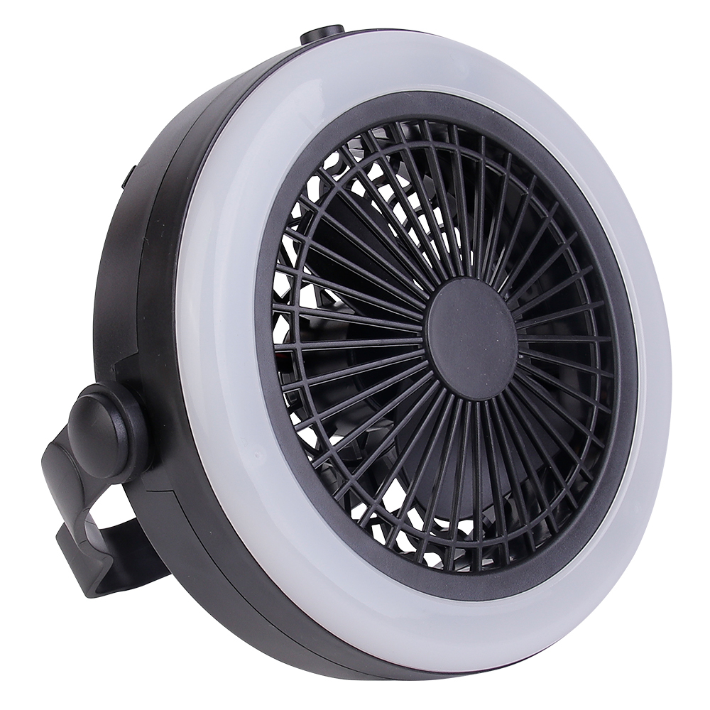 Three-quarter angled front studio view of the circular black tent fan with its adjustable mounting bracket rotated back.