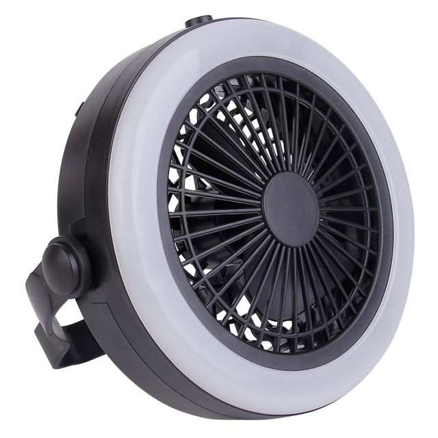 Three-quarter angled front studio view of the circular black tent fan with its adjustable mounting bracket rotated back.