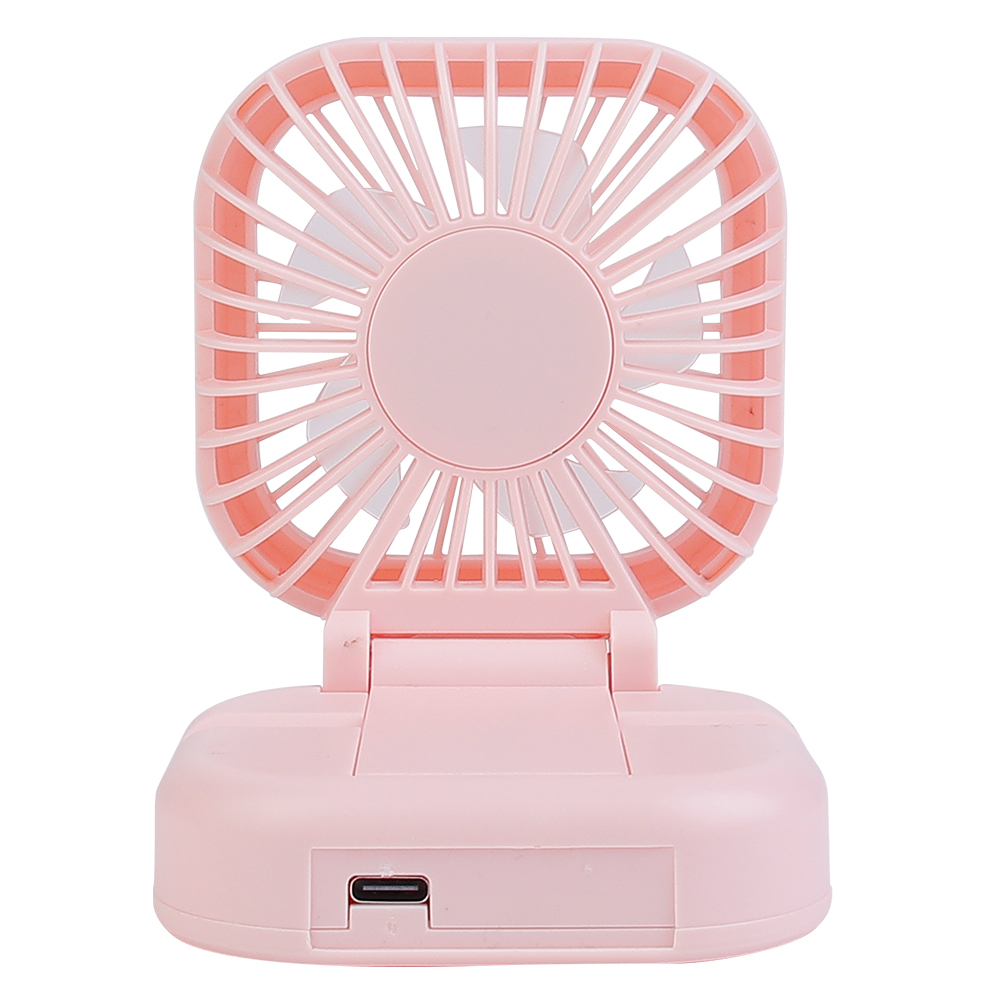 Back studio view of the pink rechargeable mini fan highlighting the standard USB charging port on the rear base.