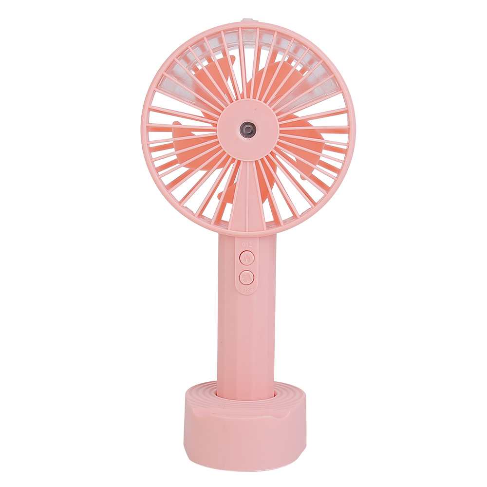 Front studio photograph of the pink rechargeable misting fan standing vertically inside its matching round desk base.