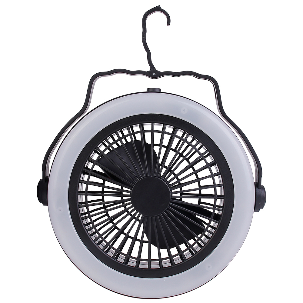 Front studio view of the circular camping fan showing the top hanging bracket and hook fully extended for tent placement.