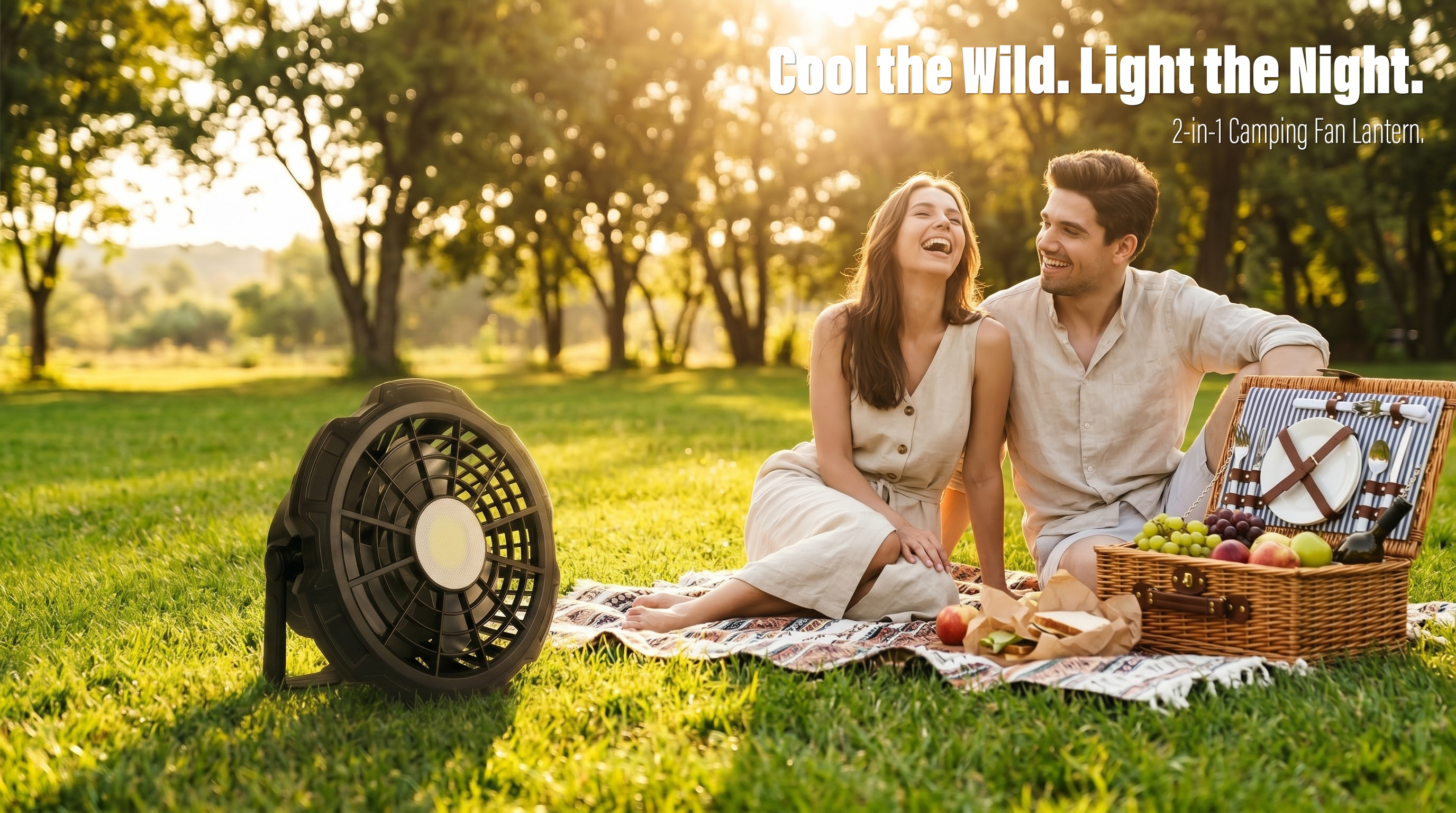 A black multi-functional camping fan with a central LED light panel sits on a green lawn next to a laughing couple enjoying a picnic.
