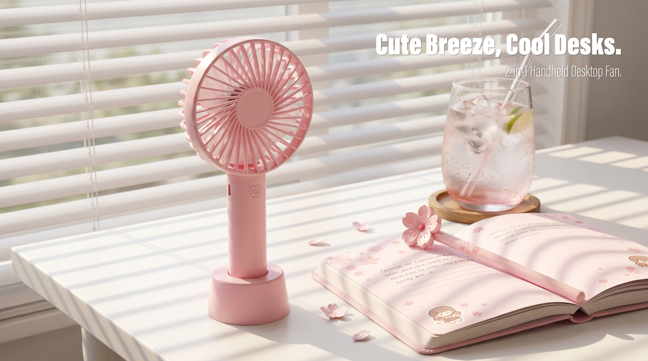 A pink handheld mini fan standing in its detachable base on a white desk next to a cherry blossom notebook and an iced drink under soft window light.