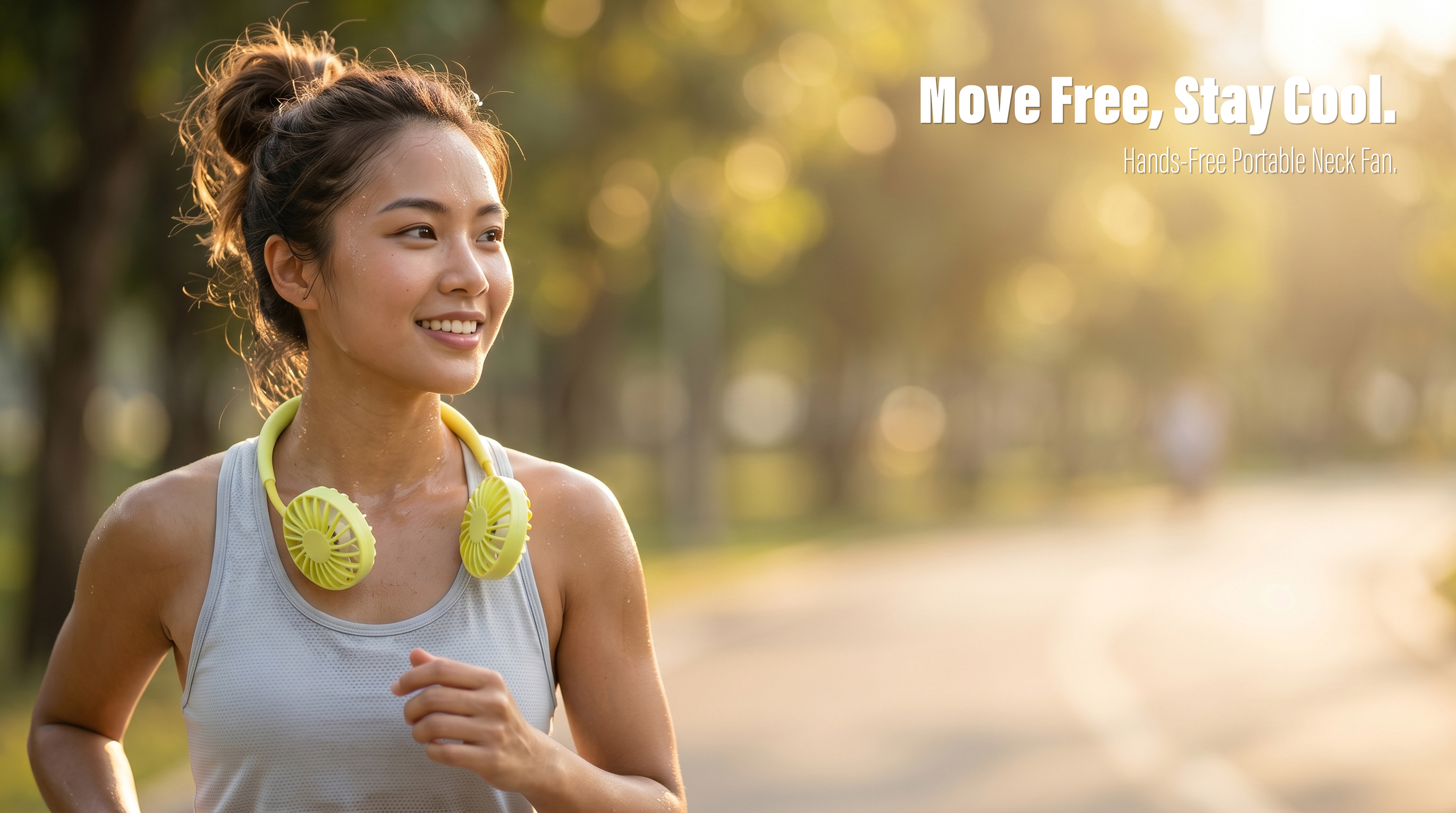 A smiling young woman running in a sunlit park while wearing a pale yellow portable hands-free neck fan around her neck.
