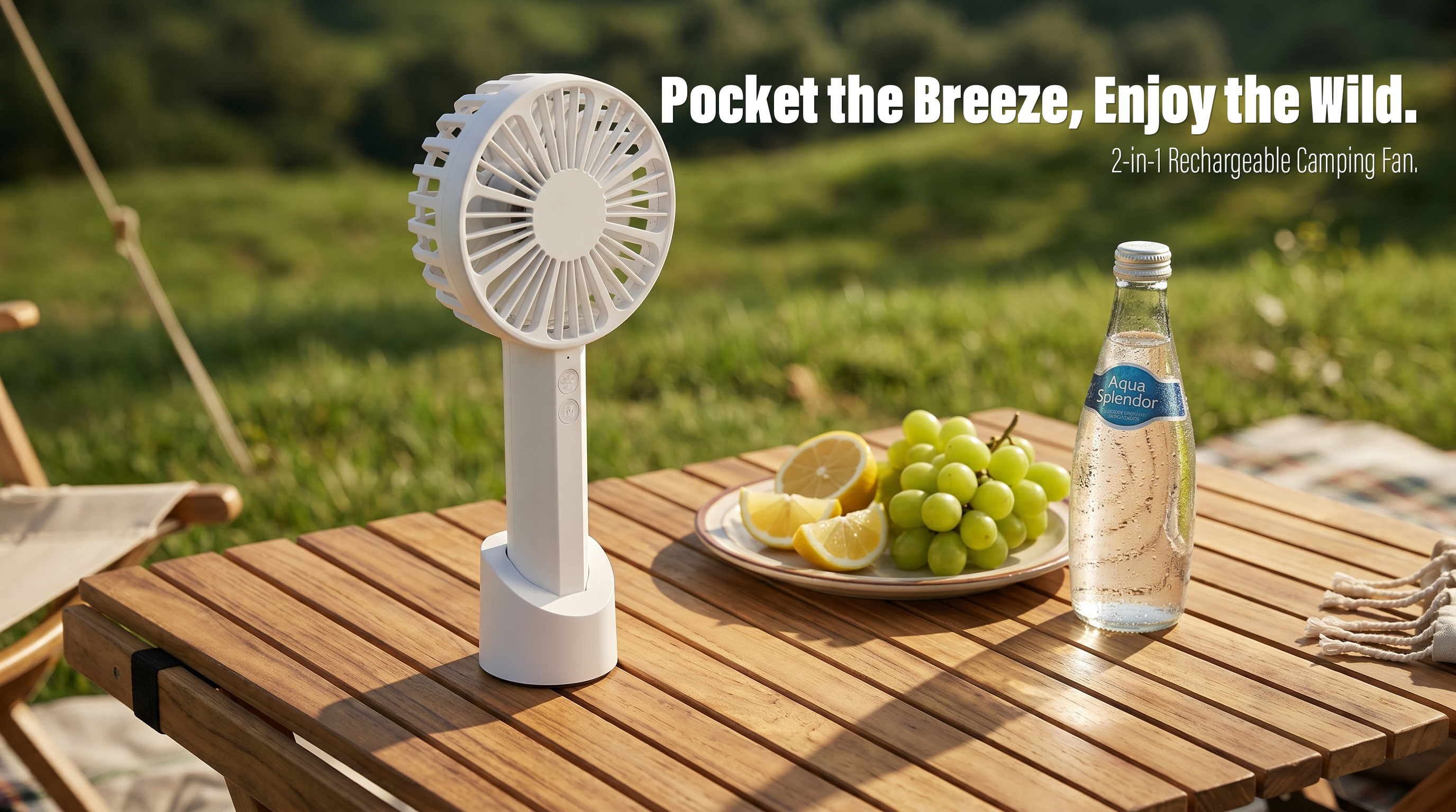 A high-angle 45-degree side view of a white handheld mini fan standing in its desktop base on a wooden folding table next to a plate of fresh grapes, lemon slices, and a glass water bottle at an outdoor campsite.