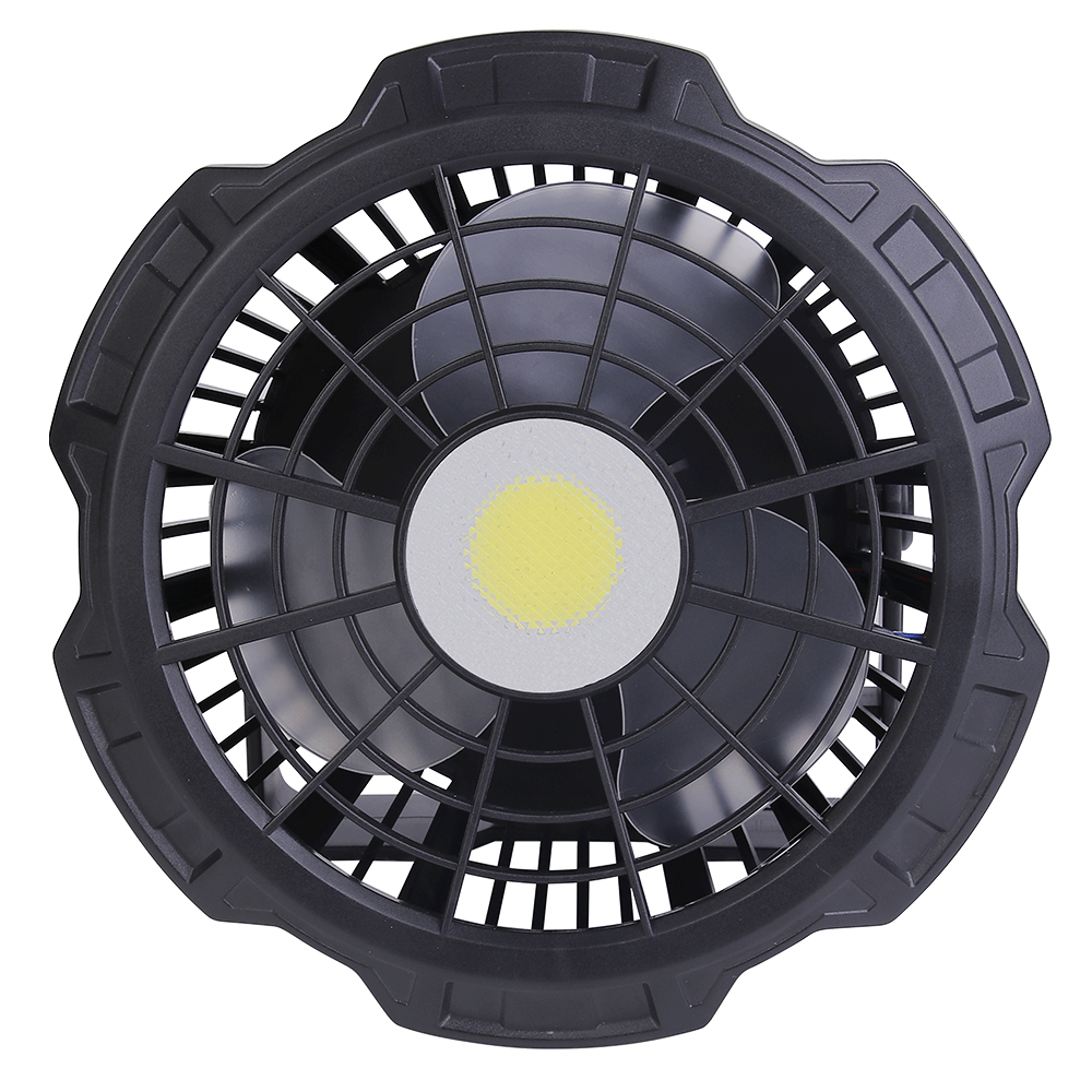 Front studio view of a black heavy-duty camping fan featuring a central circular COB LED light panel.
