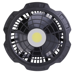 Front studio view of a black heavy-duty camping fan featuring a central circular COB LED light panel.