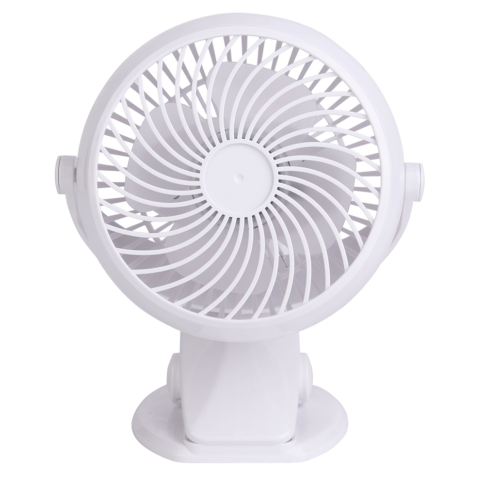 Front studio photograph of a white 2-in-1 clip-on desktop fan with a dual-axis bracket and circular grille.