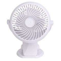 Front studio photograph of a white 2-in-1 clip-on desktop fan with a dual-axis bracket and circular grille.