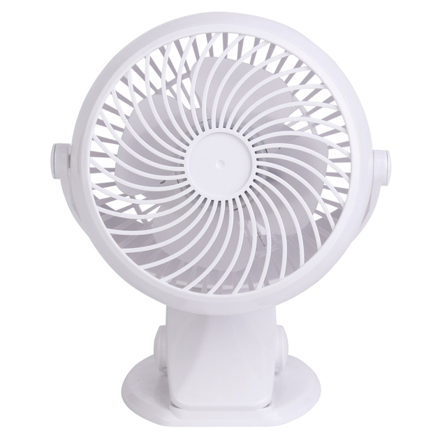 Front studio photograph of a white 2-in-1 clip-on desktop fan with a dual-axis bracket and circular grille.