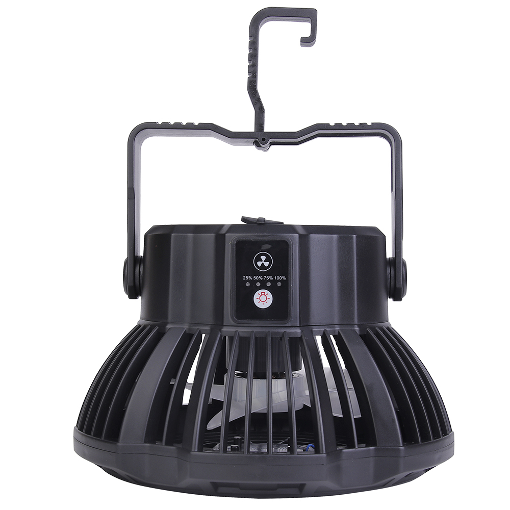Studio view of the cordless camping fan hanging vertically by its hook, showcasing the control panel on the base.