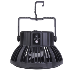 Studio view of the cordless camping fan hanging vertically by its hook, showcasing the control panel on the base.