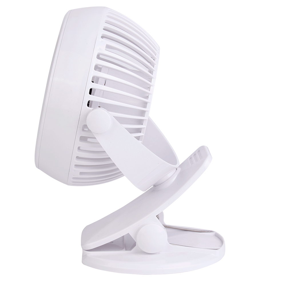 Studio view of the white rechargeable fan completely folded down into a compact layout for storage or transit.