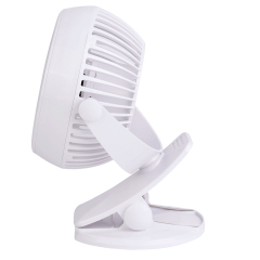 Studio view of the white rechargeable fan completely folded down into a compact layout for storage or transit.