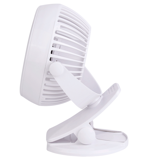 Studio view of the white rechargeable fan completely folded down into a compact layout for storage or transit.