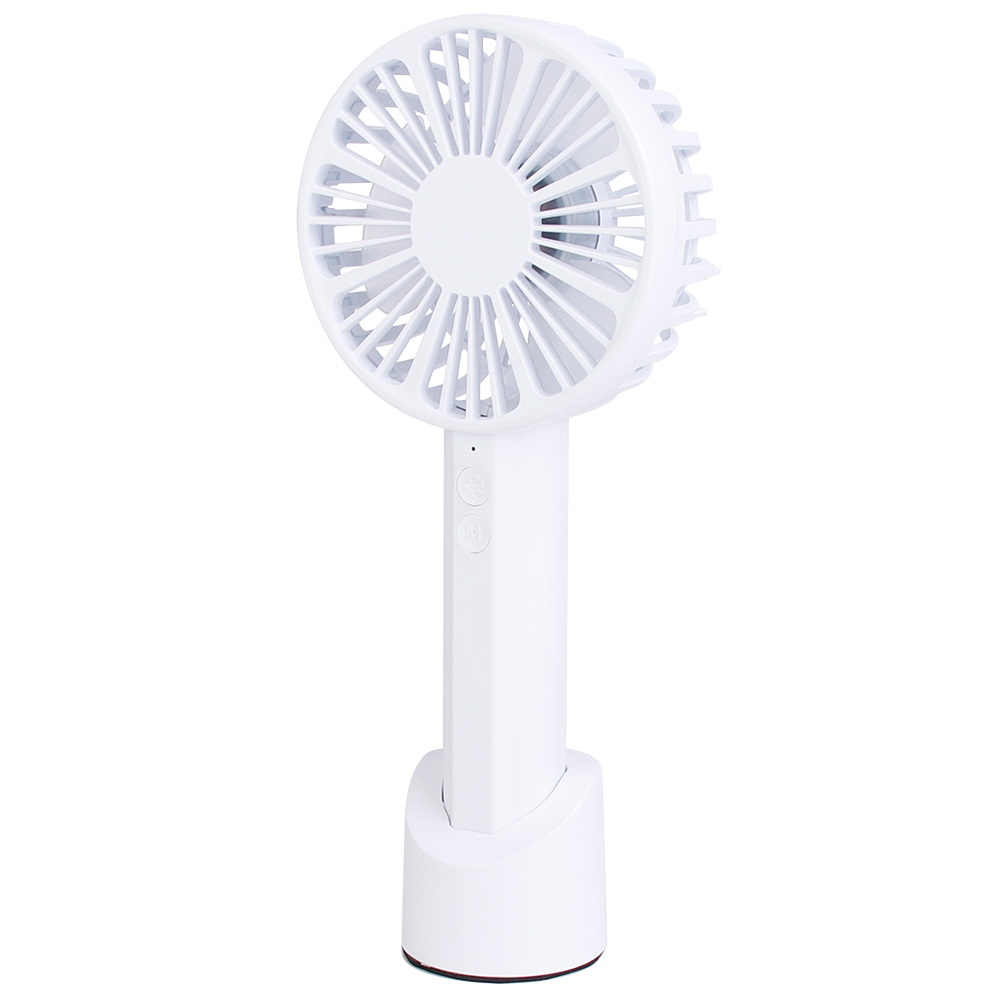 Three-quarter angled front studio view of the cordless white desk fan secured in its removable base.