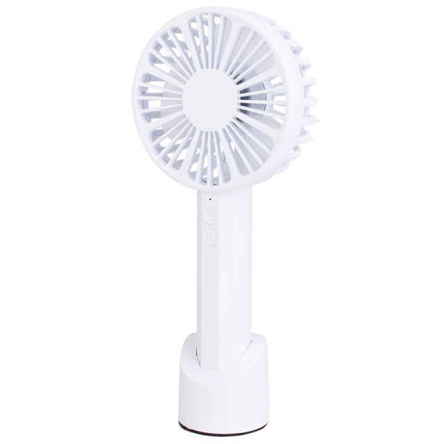 Three-quarter angled front studio view of the cordless white desk fan secured in its removable base.