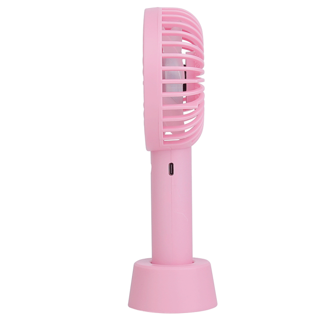 Profile side studio view of the cordless personal fan highlighting the integrated Type-C USB charging port on the handle.