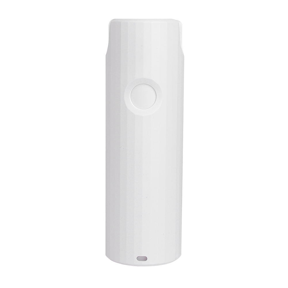 Front studio view of the white cylindrical pocket fan in its fully collapsed and closed storage state.