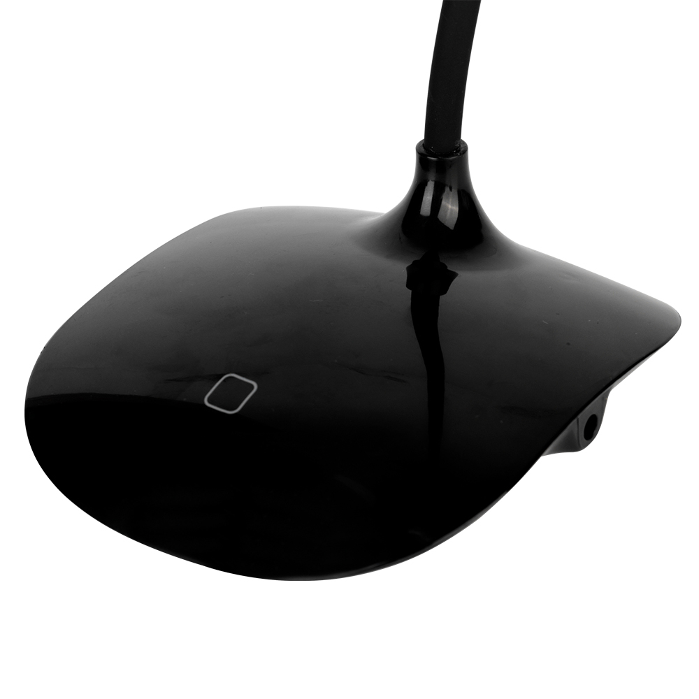 Close-up studio view of the glossy black fan base highlighting the square touch sensor switch icon.
