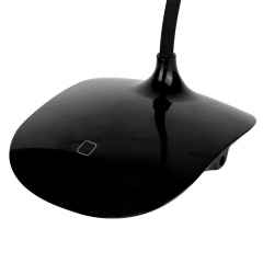 Close-up studio view of the glossy black fan base highlighting the square touch sensor switch icon.