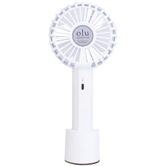 Rear studio view of the mini fan showing the dual-button control interface and the circular center center on the back grille.