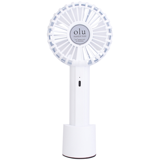 Rear studio view of the mini fan showing the dual-button control interface and the circular center center on the back grille.