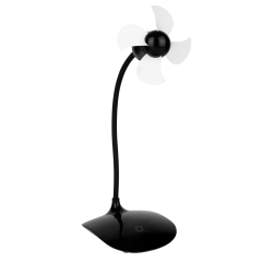Three-quarter angled front studio view of a black desktop fan with a flexible gooseneck arm and white soft blades on a white background.